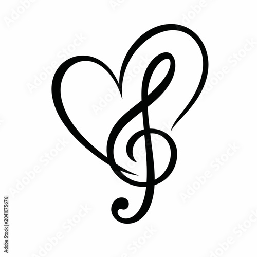 Black treble clef symbol intertwined with a stylized heart shape
