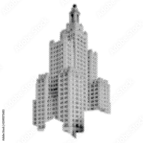 Black and white skyscraper isolated on white background, halftone raster vintage building vector illustration, monochrome dot pattern classic city architecture artwork