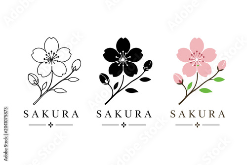 Minimal sakura flower logo collection, black and pink cherry blossom vector icons with SAKURA text for branding and labels
