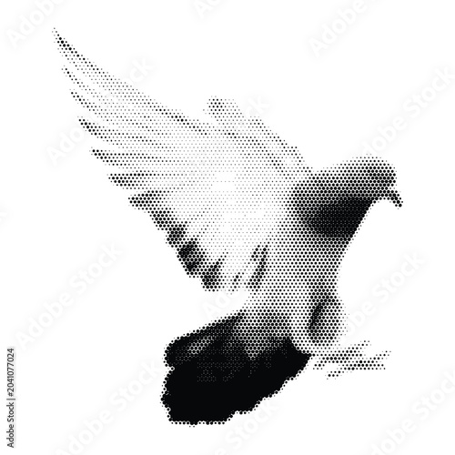Screen print style dot matrix vector of flying dove, peace pigeon monochrome flying bird graphic, black and white halftone wings spread illustration isolated on white
