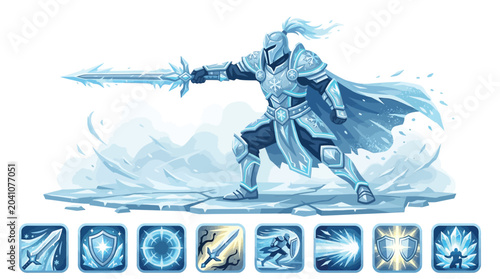 Ice knight warrior in full blue plate armor with snowflake patterns, wielding a crystalline sword on frozen ground with eight frost magic ability skill icons for RPG game UI design.