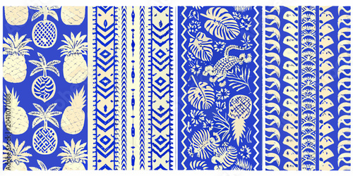 Photos Tropical Folk Art Patterns In Blue And Cream Seamless Repeat