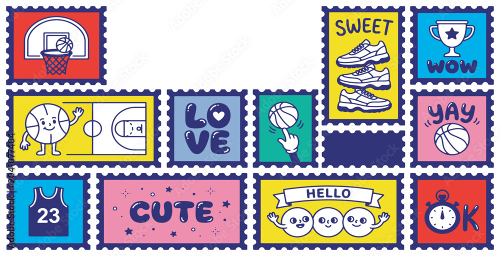 Obraz premium Collection of playful cartoon postage stamps featuring basketball, sneakers, and positive messages.