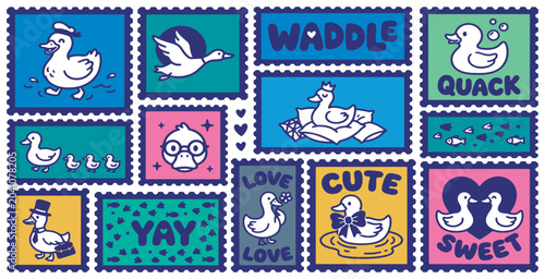 Tableau sur toile Collection of cute rubber ducks and ducklings in various poses and with different expressions, designed as postage stamps