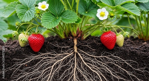 Ripe Strawberry Plant Growing with Exposed Roots in Dark Garden Soil