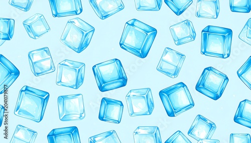 Translucent Blue Ice Cubes Floating on Light Blue Background