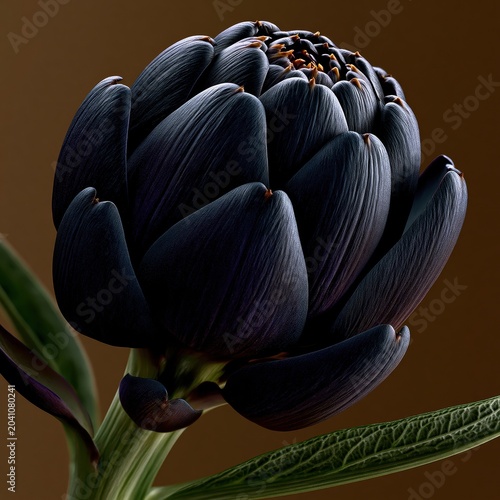 Close-up view of a striking dark flower showcasing intricate details and captivating textures in a serene setting
