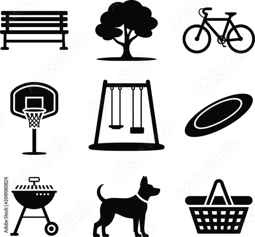 Set of outdoor park and leisure activity icons including bench, tree, bicycle, basketball, swings, and picnic items