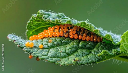 Bright Orange Insect Egg Cluster Resting on Textured Green Leaf in Nature