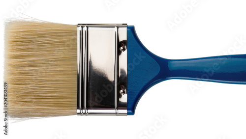 Photos Flat paintbrush with blue handle and metal ferrule