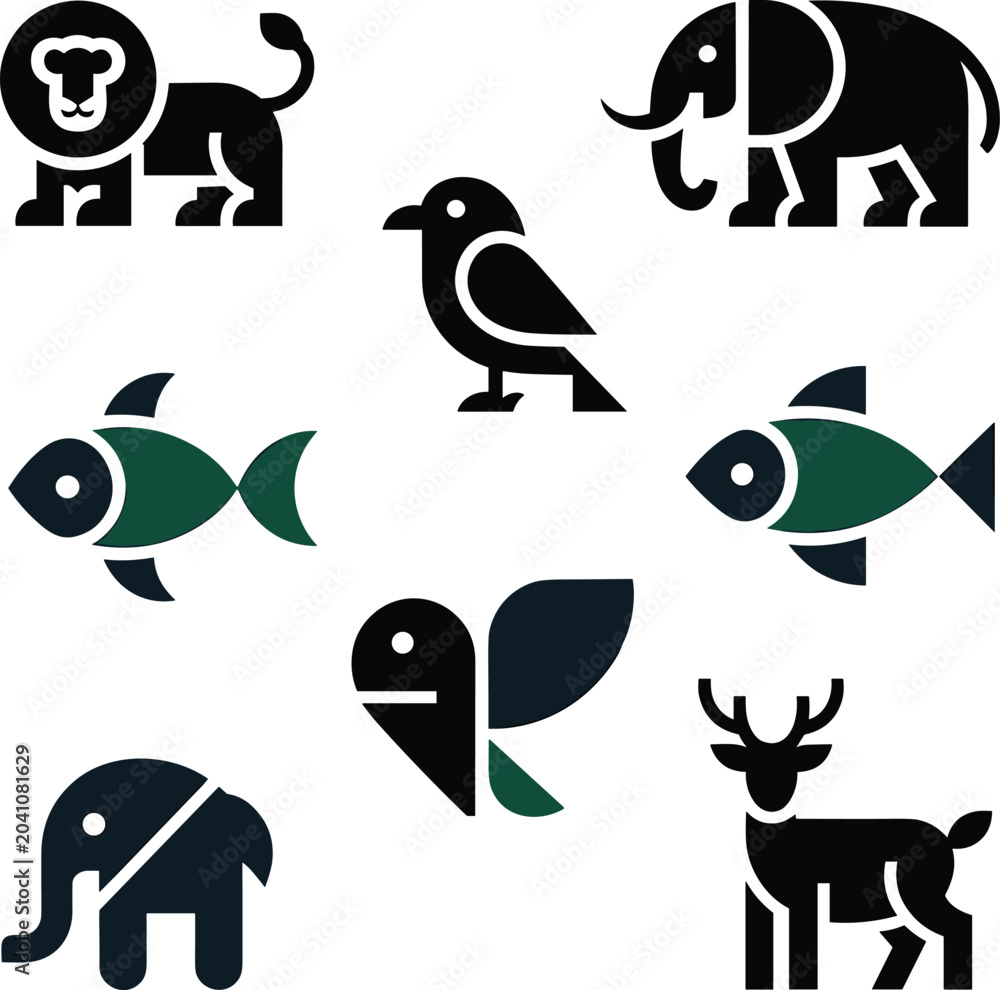 Fototapeta premium Geometric animal set of lion, elephant, bird, fish, and deer silhouettes