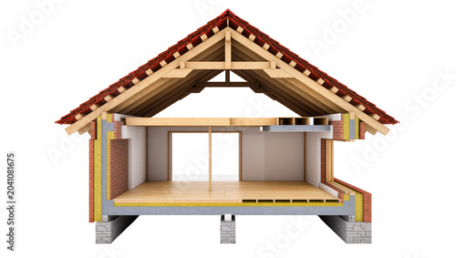 Fotografie Cross-section of house showing roof structure walls insulation, and flooring