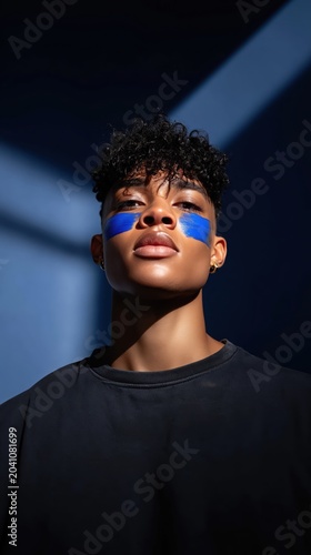 Cinematic portrait of a young man exuding confidence with sapphire blue face paint in an artistic setting