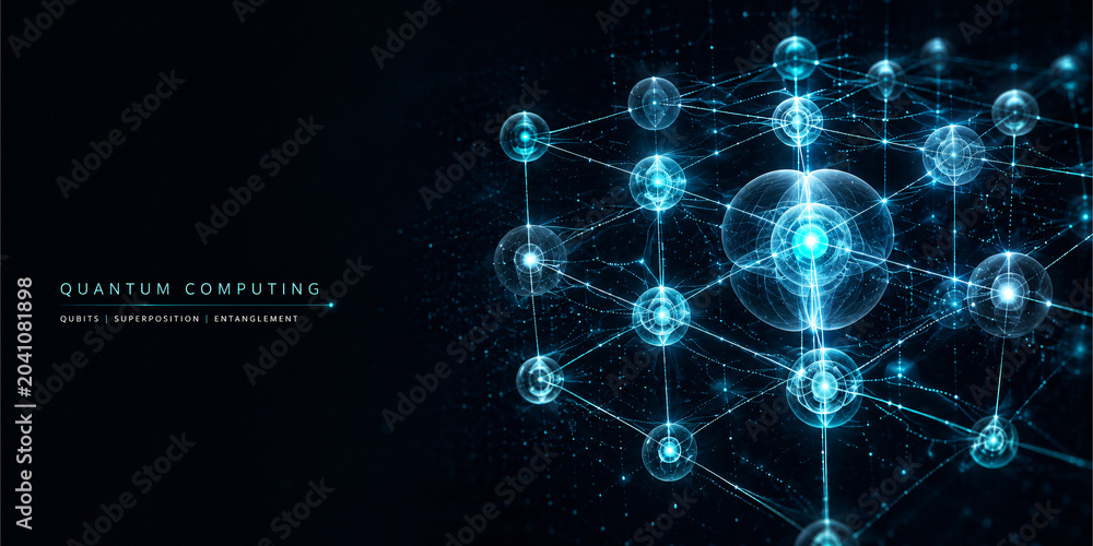 Fototapeta premium Quantum computing abstract visualization with glowing qubit lattice structure and entanglement lines on dark teal background, future technology concept background