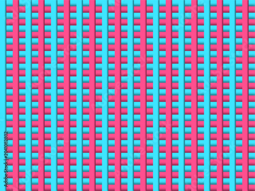 Vibrant retro geometric seamless pattern. Repeating pink and light blue vertical and horizontal lines creating a colorful 3D woven lattice texture background.
