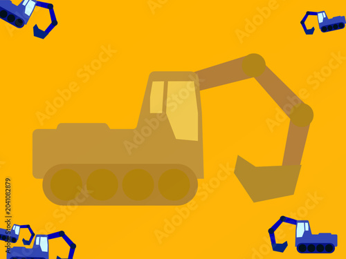 Cute flat cartoon excavator illustration on yellow orange background with blue mini digger corners. Construction vehicle design for kids, poster, or web.