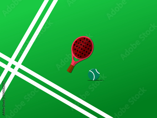 Minimalist sports composition featuring a red racket and green ball on a stylized green court background with intersecting white lines. Flat graphic design.