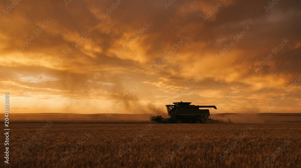 Fototapeta premium Combine Harvester Silhouette in Golden Wheat Field at Dusk