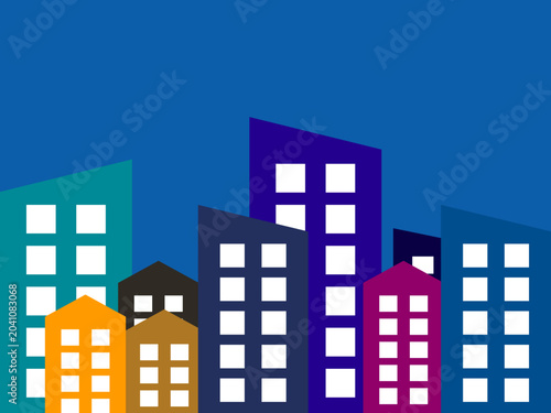 Colorful flat design city skyline illustration. Minimalist geometric urban landscape with bright colored buildings and skyscrapers on blue background.