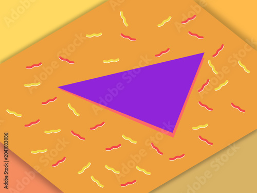 Fun 3D geometric abstract background. Purple triangle with colorful squiggly lines resembling sprinkles on an orange layered paper cut design.