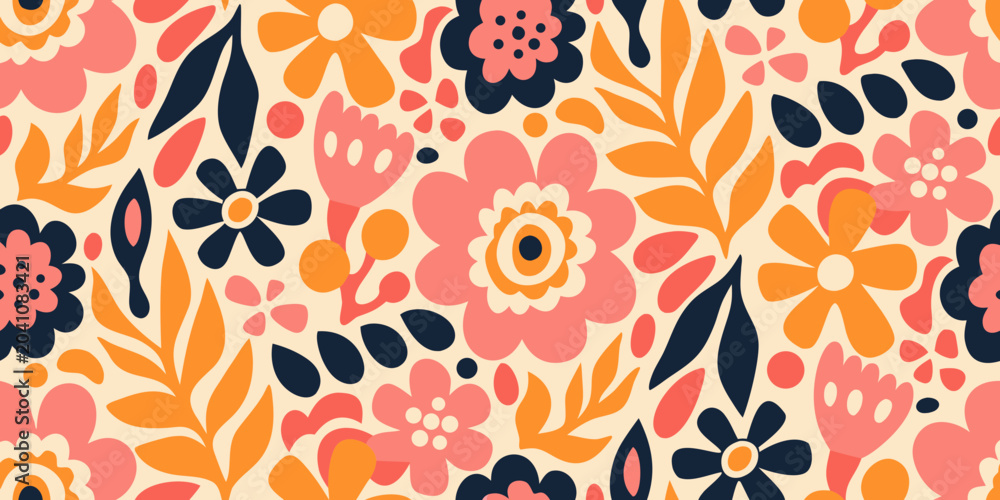 Fototapeta premium Retro floral ornament with stylized blossoms and leaves on a beige background