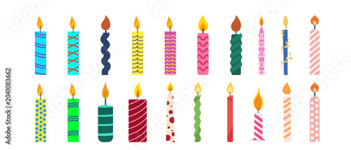 Cute colorful birthday cake candles vector set. Decorative celebration wax candles with vibrant patterns and fire flames for holiday greeting card and party design.