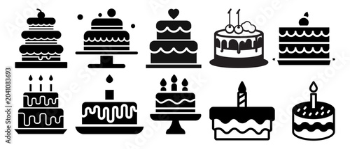 Birthday cake icons and black silhouettes set vector illustration. Sweet dessert celebration cakes with candles and cherry topper for bakery, anniversary, and party design.