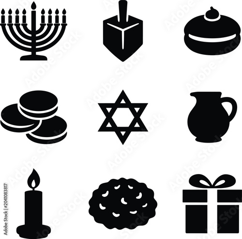 Schilderij op canvas Collection of hanukkah icons featuring menorah, dreidel, star of david, and food
