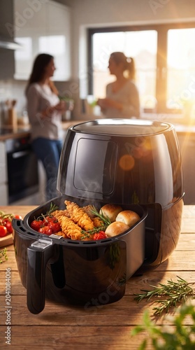 Happy family cooking healthy food together in a modern kitchen using a convenient air fryer