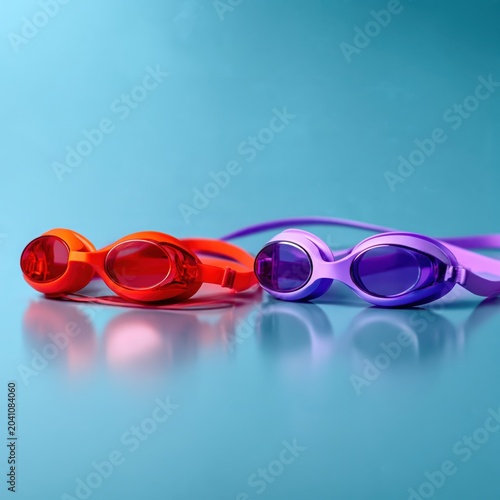 Vibrant red and lilac swimming goggles resting against a serene turquoise background at the poolside