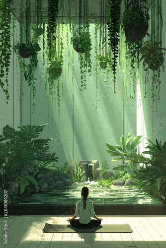 Serene woman meditating in a sunlit, tranquil indoor garden, surrounded by lush greenery and a soothing water feature, creating a modern wellness sanctuary