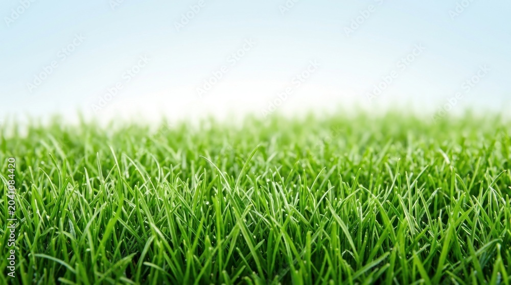 Fototapeta premium Vibrant Green Grass Field Background with Soft Blue Sky and Morning Dew, Nature's Freshness and Growth Concept with Ample Copy Space for Spring or Summer Design