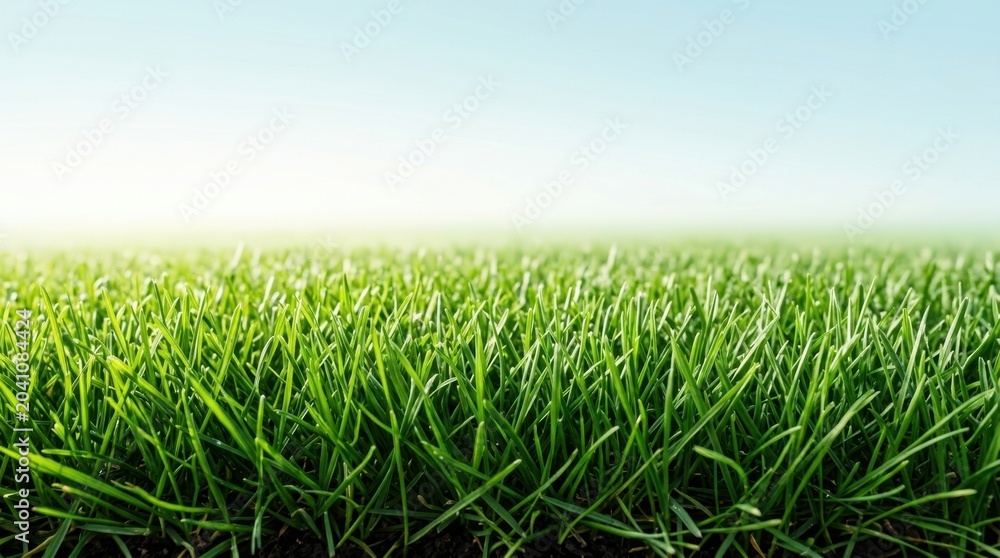 Obraz premium Vibrant Green Grass Field with Bright Clear Blue Sky Background. Fresh Natural Lawn Texture, Ideal for Spring, Summer, Outdoor Concepts, Nature Backdrop, or Growth Symbol with Copy Space.