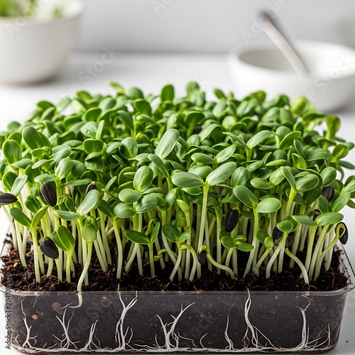 Fresh Green Sunflower Microgreens Growing in Soil Tray on Bright Kitchen Counter