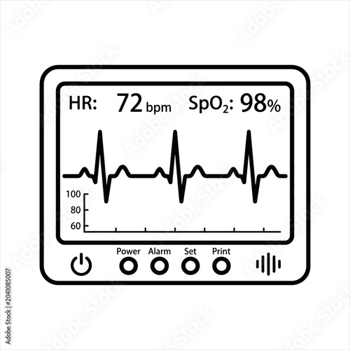 Medical heart rate monitor icon showing vital signs electrocardiogram wave with pulse and blood oxygen saturation levels flat vector illustration
