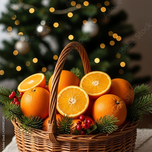 Fresh Oranges Arranged in Wicker Basket with Evergreen Branches by Christmas Tree
