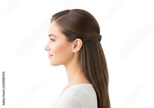 Woman smiling with side profile view isolated on transparent background