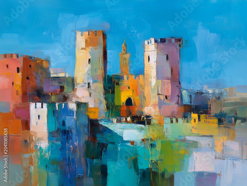 Abstract cityscape painting with old town architecture
