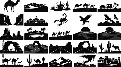 Photos Black silhouette illustration set of desert landscapes, camels, cacti, wildlife,