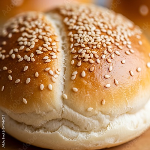 Golden Sesame Seed Bread Roll Resting on Warm Wooden Surface