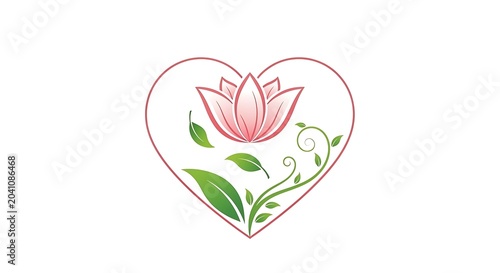 Delicate Pink Lotus Flower and Green Leaves Arranged Inside Heart Outline on White Background