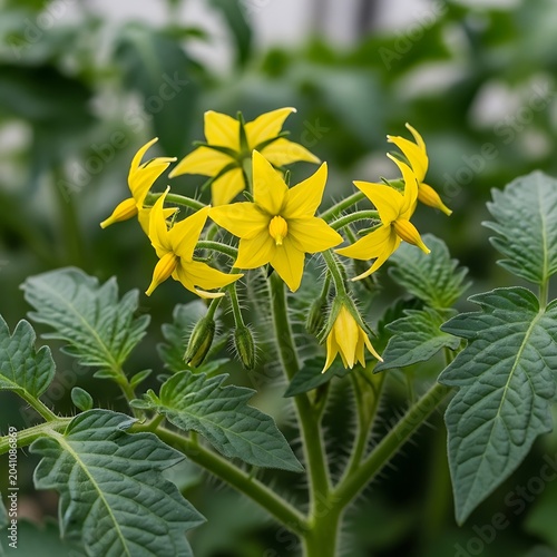 Bright Yellow Tomato Blossom Blooming Among Green Leaves in Garden