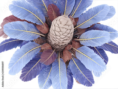 An overhead view of a palm tree as seen from below, fan-shaped leaves radiating like a mandala, painted with saturated tones of peacock blue, neon yellow, and blood orange on a pristine white backgrou