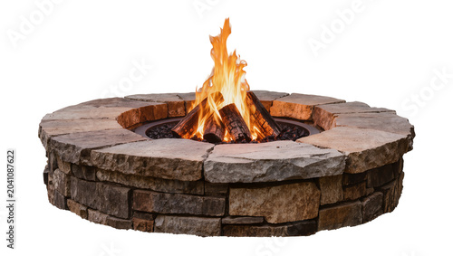 Konstfotografi Stone fire pit with burning logs and flames