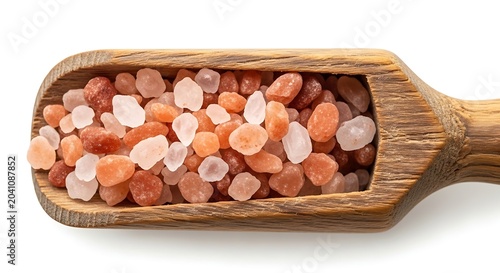 Coarse Pink Himalayan Salt Crystals Arranged in Rustic Wooden Scoop on White Background