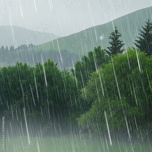 Heavy Rain Falling Over Lush Green Forest and Misty Mountain Landscape