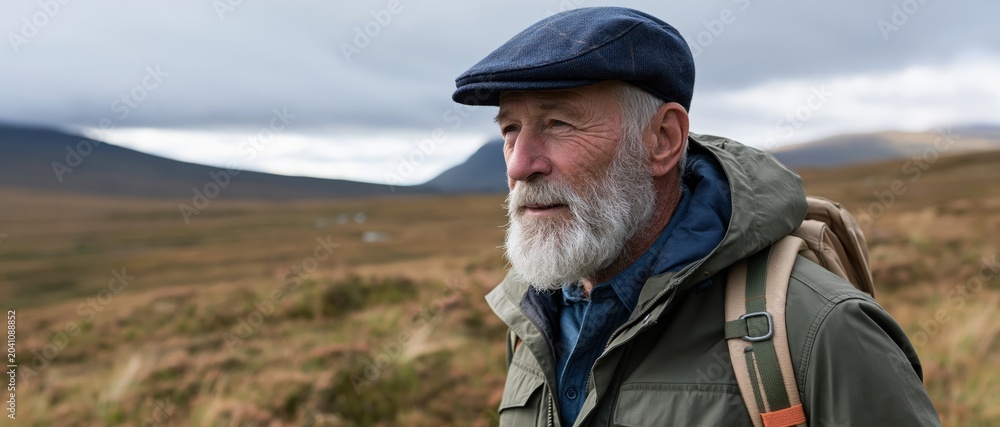 Fototapeta premium A mature man is enjoying a serene hiking experience amidst stunning natural landscapes, embodying tranquility and the joy of outdoor exploration in his golden years.