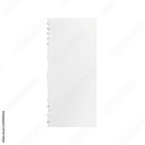 Torn white notebook paper with ragged edge, blank vertical paper scrap for notes, realistic paper texture with spiral notebook holes, minimalist stationery element for scrapbooking and design