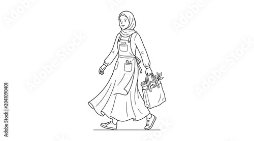 Foto Muslim Woman Walking with Shopping Bag, Line Art Illustration