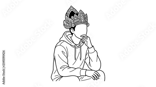 Billede på lærred Person in Hoodie Wearing Elaborate Crown, Minimalist Line Art, Thoughtful Pose